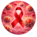 Red ribbon and HIV particles illustration - transparent